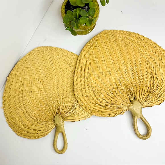 VINTAGE Woven Rattan Hand Fans Natural Boho Tropical Wall Decor Set of 2 - Picture 2 of 8